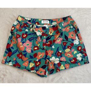 ELLE Floral Patterned Size 6 Chino Shorts Women's Green Flat Front Stretch Mid
